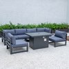Leisuremod Chelsea 7-Piece Patio Sectional And Fire Pit Table Black Aluminum With Blue Cushions CSFBL-7BU